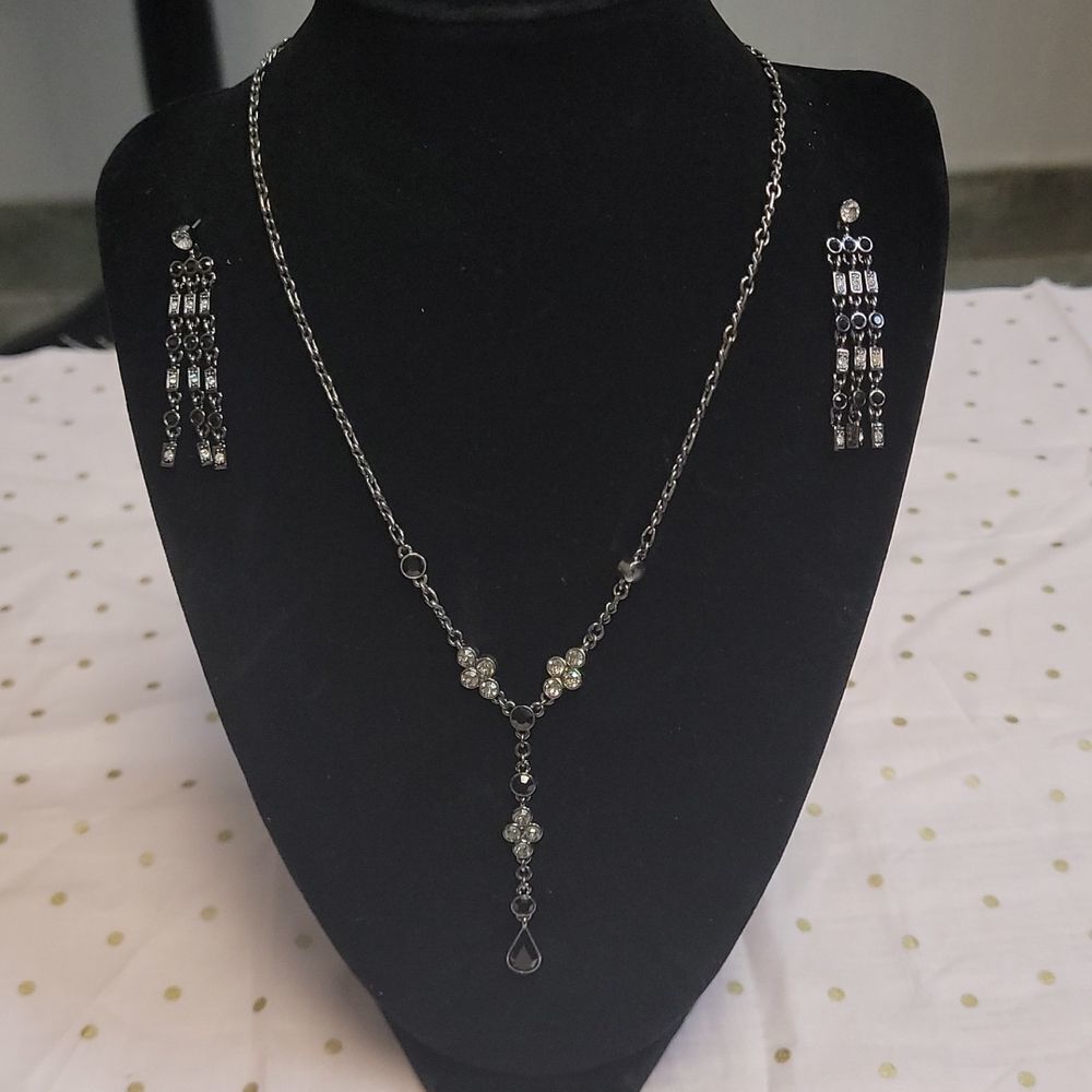 Black and iridescent stone costume jewelry necklace and earrings set
